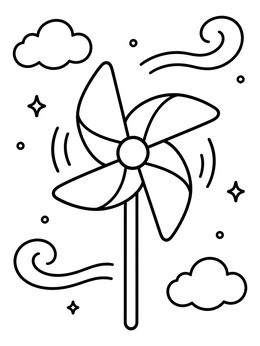 A spinning pinwheel among clouds and swirls in this breezy sky coloring page.