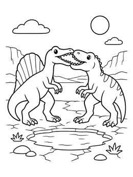 A spinosaurus coloring page showing two playful dinosaurs by a waterhole.