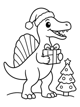 A festive spinosaurus coloring page with a cute dinosaur wearing a Santa hat and holding a gift.