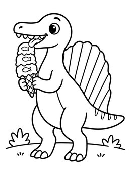 A cute cartoon spinosaurus coloring page enjoying a tall ice cream cone decorated with small fish.