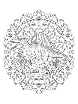 Detailed spinosaurus coloring page set inside a circular floral mandala frame.