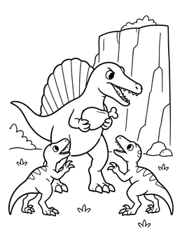 A cartoon spinosaurus coloring page with two little raptors begging for food near a cliff.