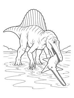A spinosaurus coloring page showing the prehistoric dinosaur catching a sawfish in a shallow river.