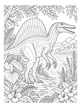 A detailed spinosaurus coloring page standing near a lush tropical riverbank.