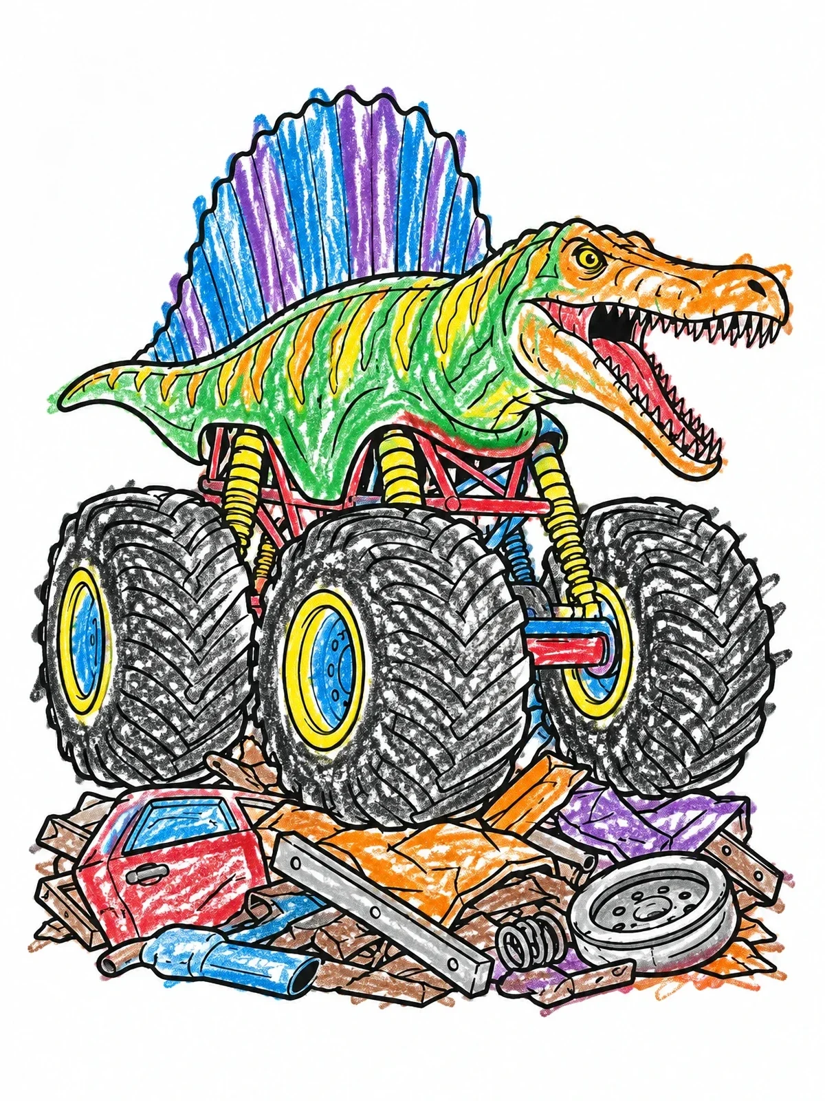 Colored example of the Spinosaurus Monster Truck Crushing Scrap coloring page