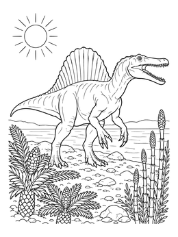 A large dinosaur walks near the water in this detailed spinosaurus coloring page.