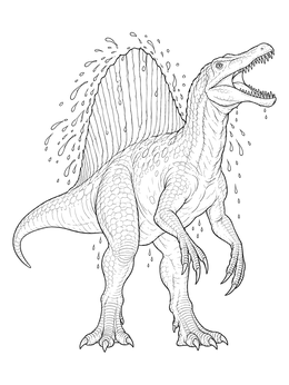 A detailed spinosaurus coloring page showing the dinosaur shaking water droplets from its sail.