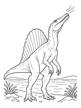 A detailed spinosaurus coloring page showing the dinosaur standing upright by the water shore.