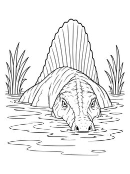 A detailed spinosaurus coloring page showing the predator submerged in swamp water.