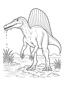 A detailed spinosaurus coloring page showing the dinosaur standing by water with a large dorsal sail.