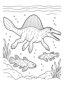 A detailed spinosaurus coloring page showing the predator swimming underwater above two ancient coelacanth fish.