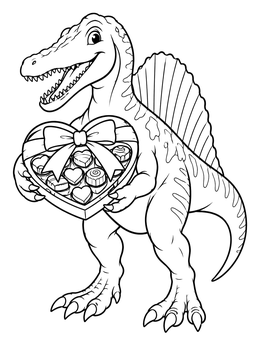 A friendly spinosaurus holds a heart-shaped treat box on this valentine dinosaur coloring page.