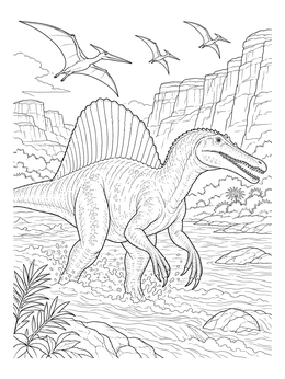 A detailed spinosaurus coloring page showing the predator wading through water below flying pterosaurs.
