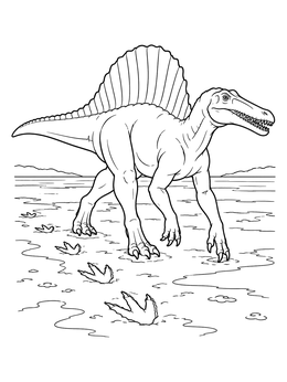 A quadrupedal dinosaur strides across the mud in this spinosaurus coloring page.