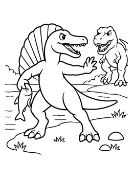 Cartoon spinosaurus coloring page holding a caught fish while facing off against a T-Rex.