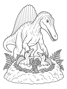 An adult dinosaur protects its babies in this spinosaurus coloring page.