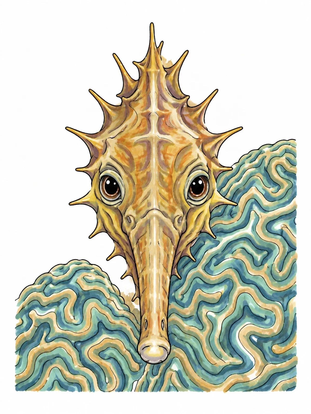 Colored example of the Spiny Seahorse And Brain Coral coloring page