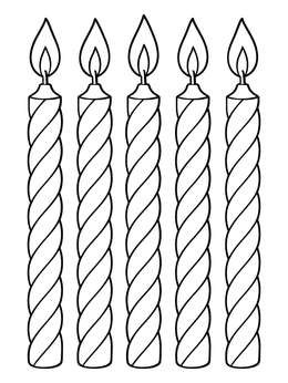 Five lit spiral tapers line up in this birthday candles coloring page.