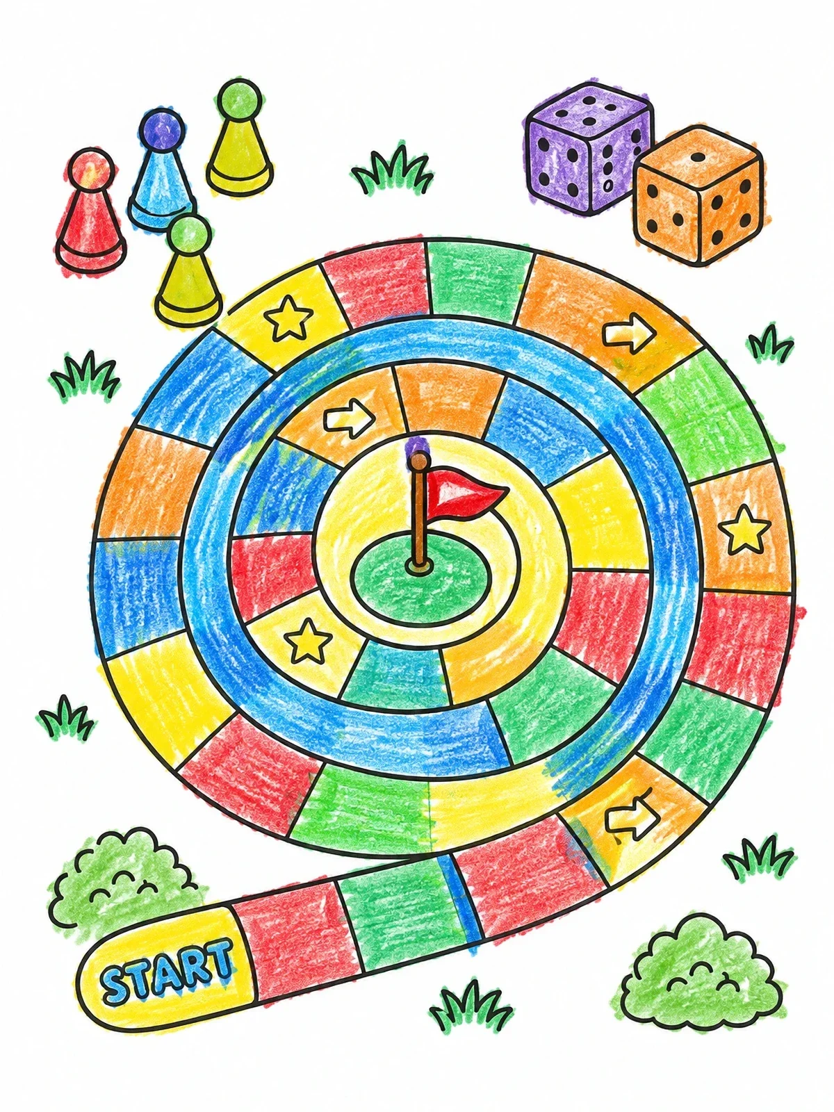 Colored example of the Spiral Board Game With Pawns And Dice coloring page