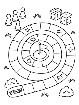 A spiral path in this board games coloring page with playing pawns and dice.