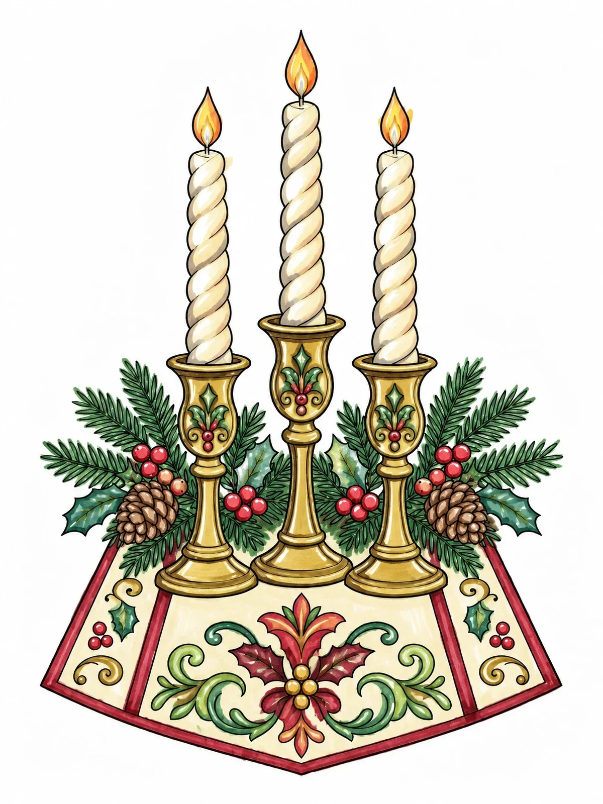 Colored example of the Spiral Christmas Candles On Table Runner coloring page