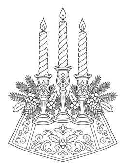 An ornate christmas candle coloring page with three spiral tapers and festive greenery.