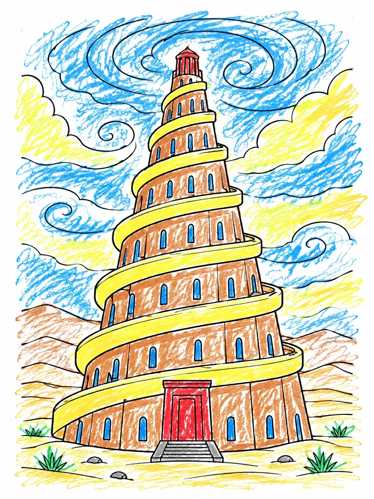 Colored example of the Spiral Tower Of Babel Ziggurat coloring page