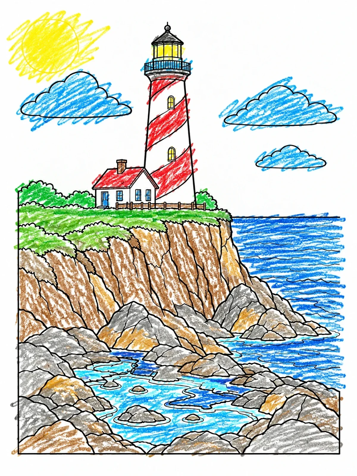 Colored example of the Spiraled Lighthouse On Rocky Cliff coloring page