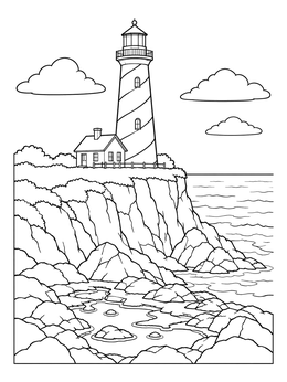 A coastal lighthouse beach coloring page showing a tall tower over rocky cliffs and tide pools.