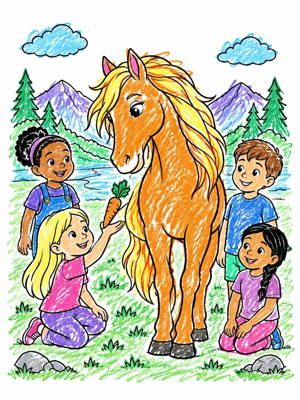 Colored example of the Children Feeding A Friendly Horse Outdoors coloring page