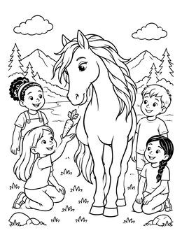 Free printable Children Feeding A Friendly Horse Outdoors coloring page