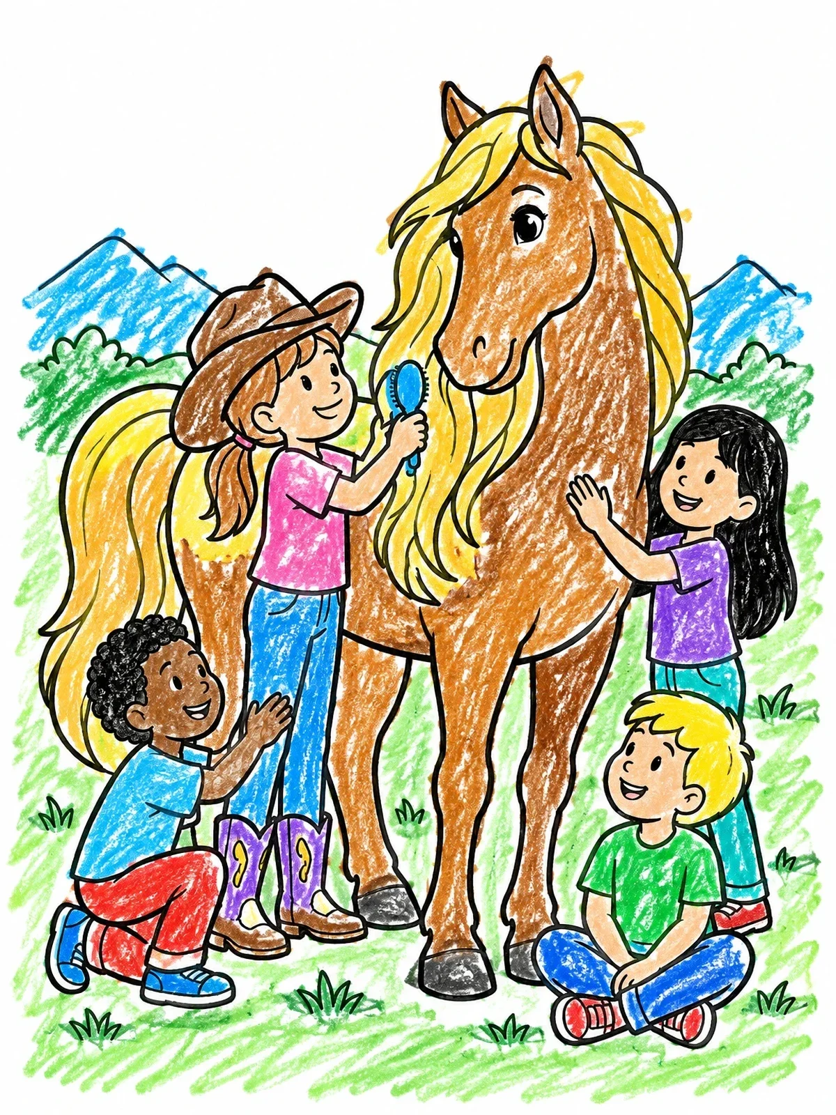 Colored example of the Children Brushing A Friendly Horse coloring page