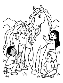 Free printable Children Brushing A Friendly Horse coloring page