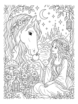 A gentle horse spirit coloring page with a young woman in an enchanted night landscape.