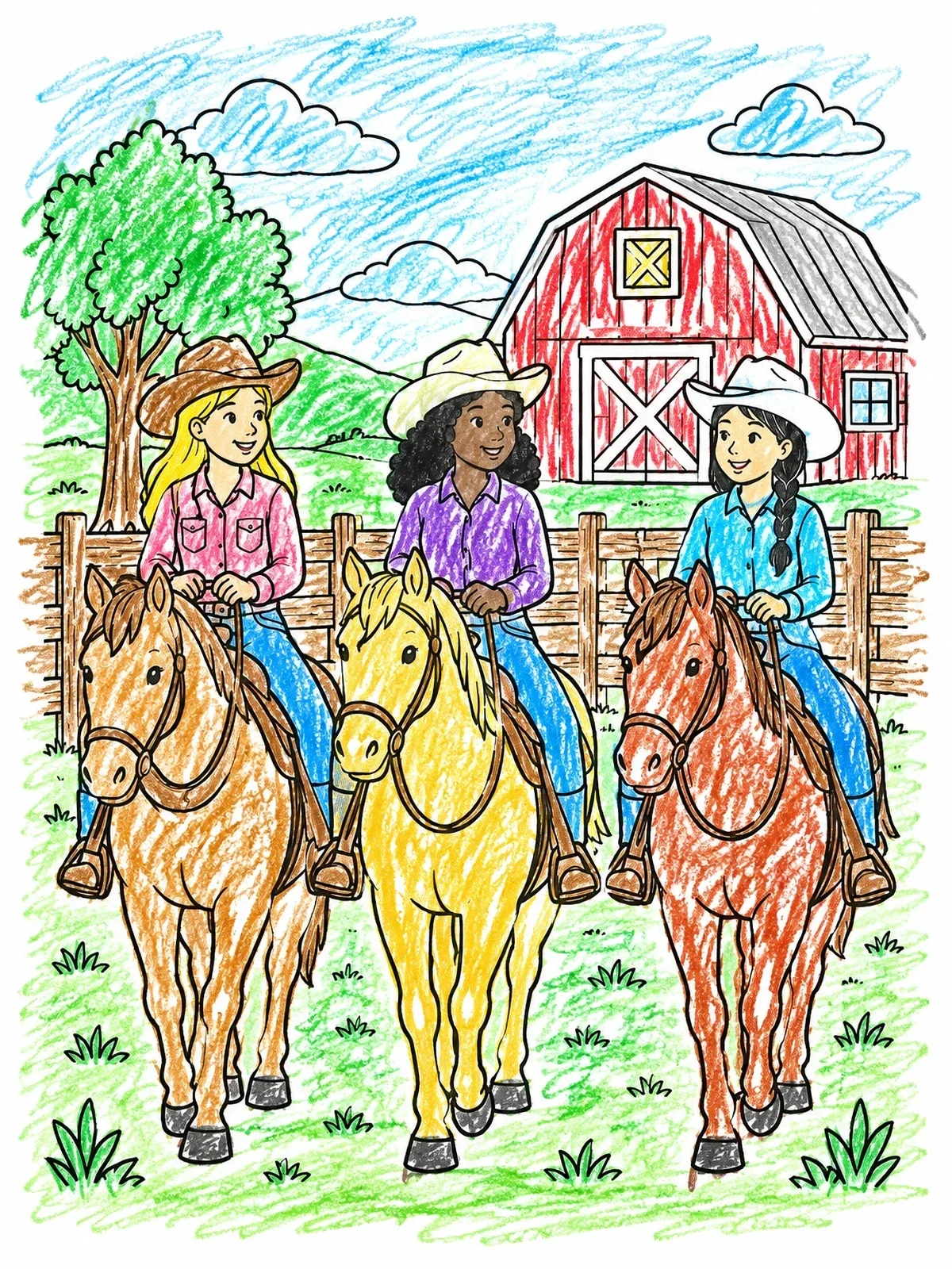 Colored example of the Friends Riding Horses Near Barn coloring page
