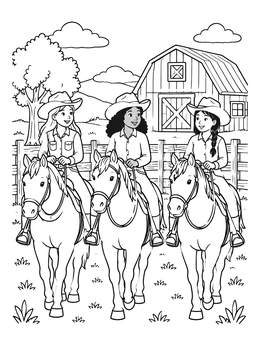 Free printable Friends Riding Horses Near Barn coloring page