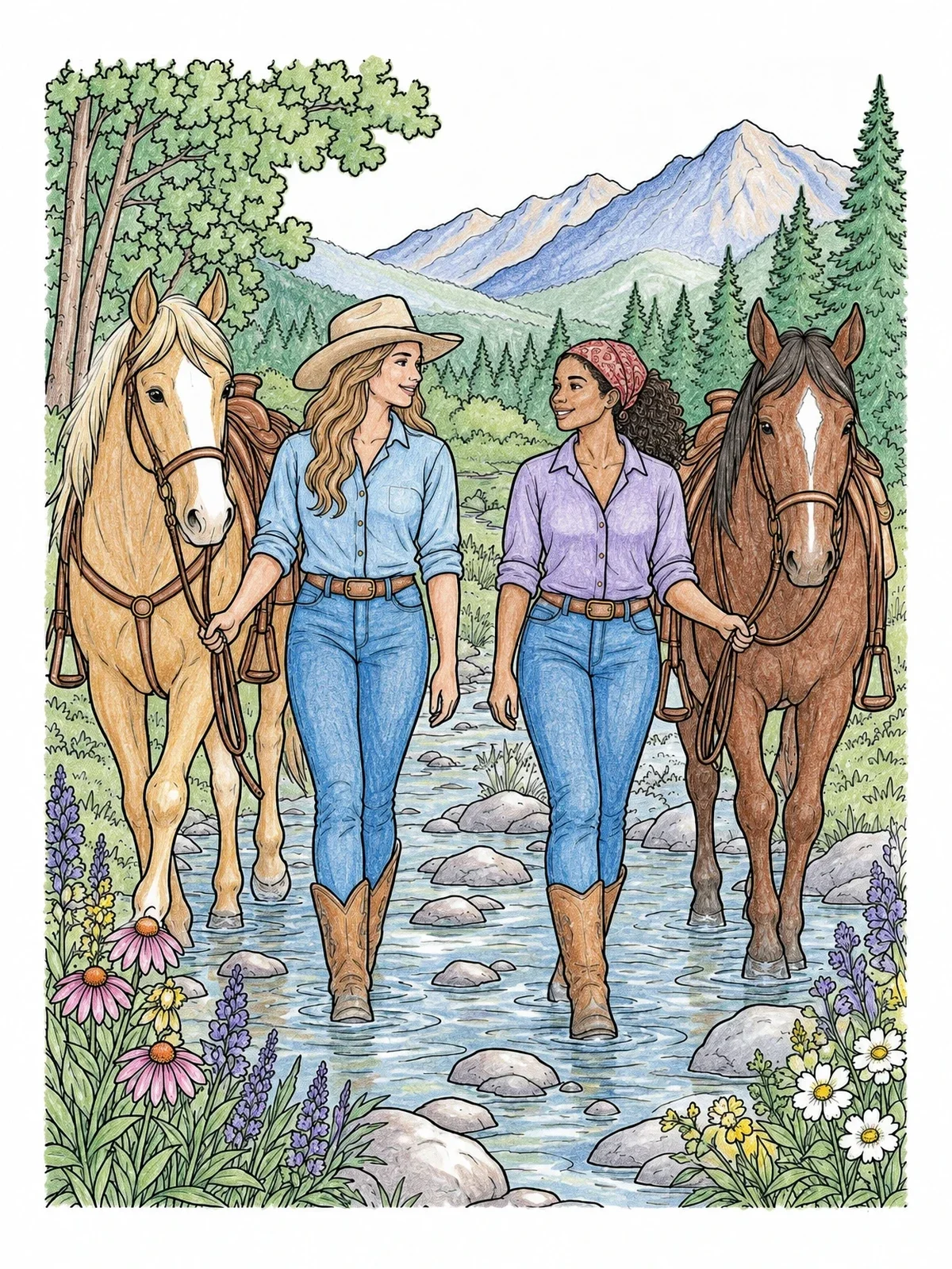 Colored example of the Friends Walking Horses Across A Creek coloring page