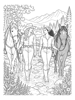 Two young women lead their horses through water on this spirit coloring page.