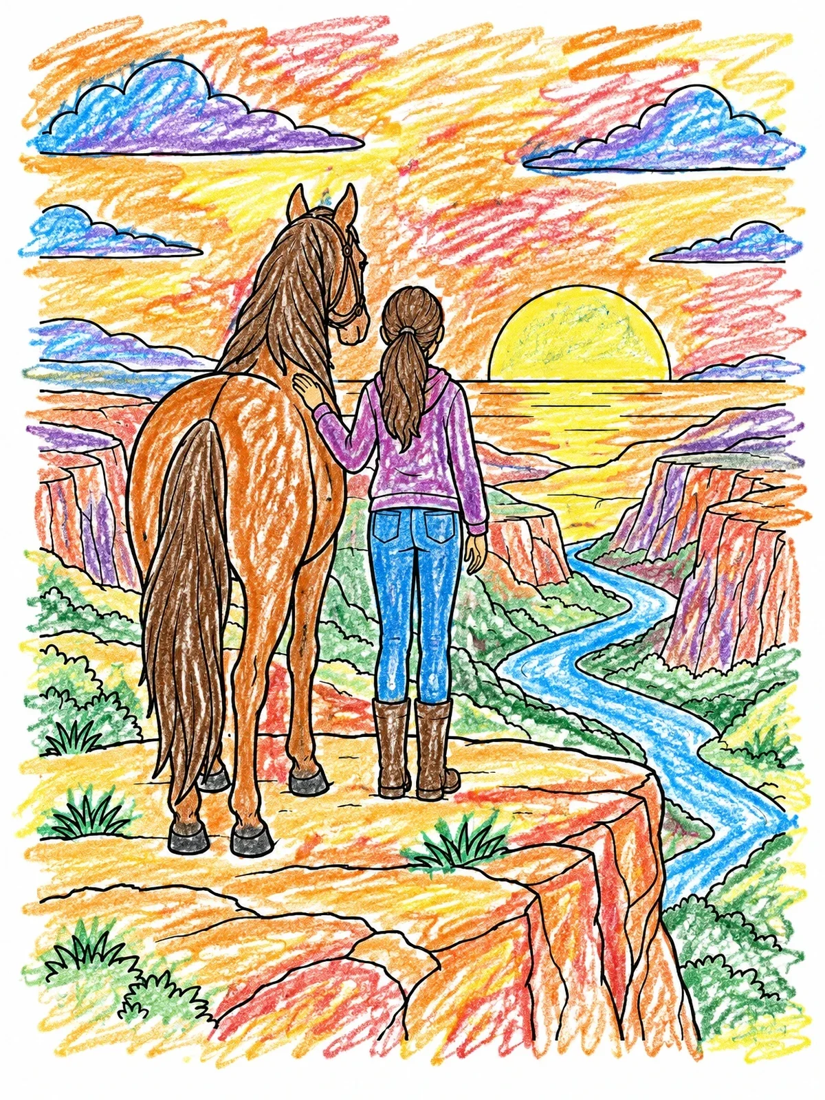 Colored example of the Girl And Horse Overlooking Canyon Sunset coloring page
