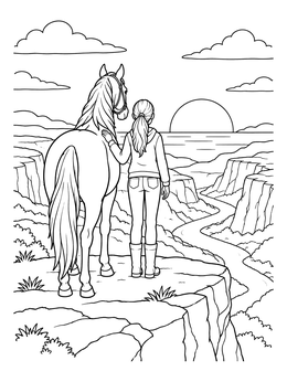 A girl and horse look at the setting sun in this spirit coloring page.