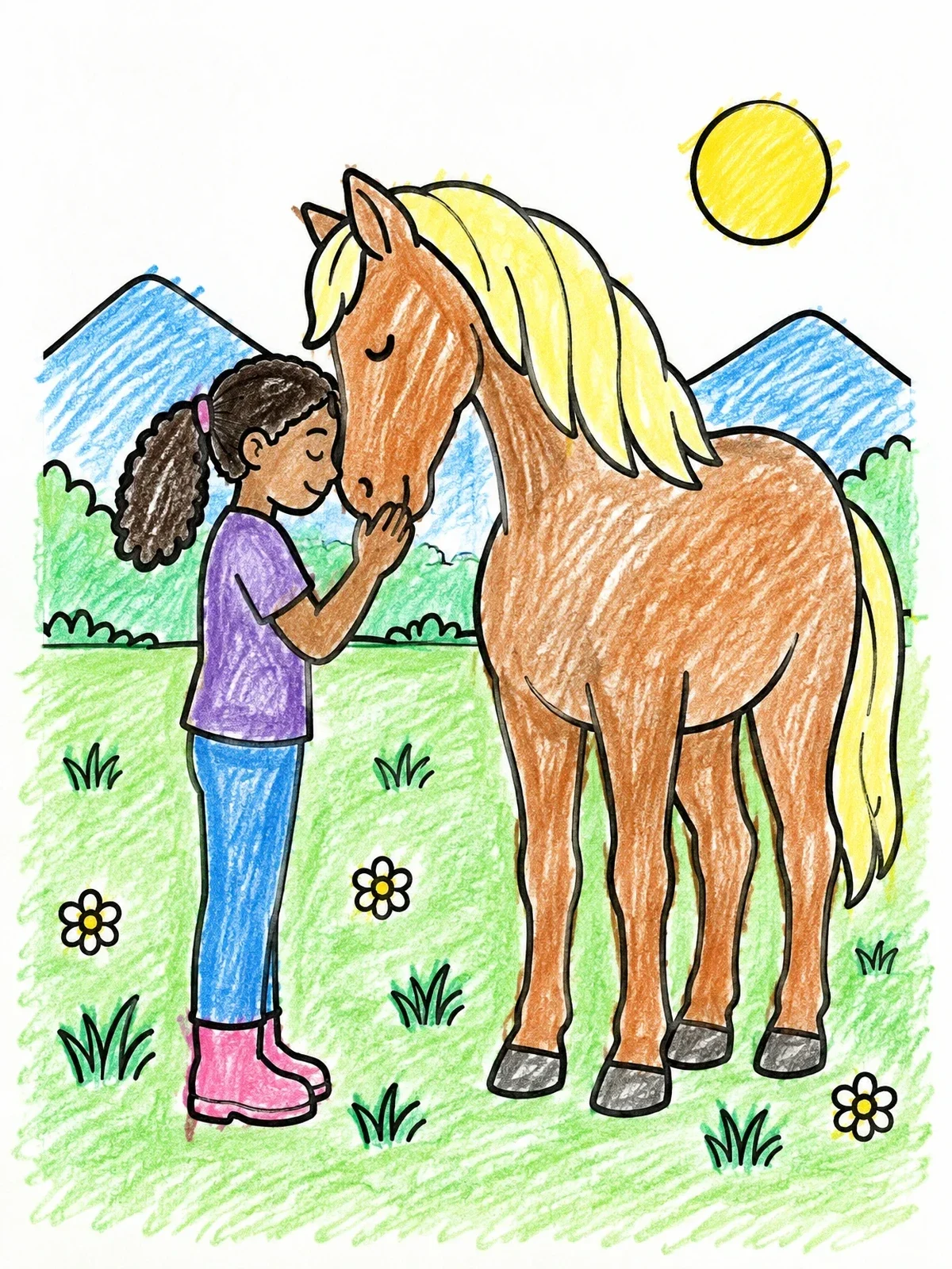 Colored example of the Girl And Horse In Meadow coloring page