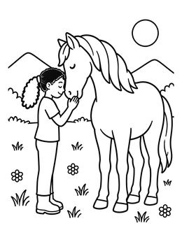 Free printable Girl And Horse In Meadow coloring page