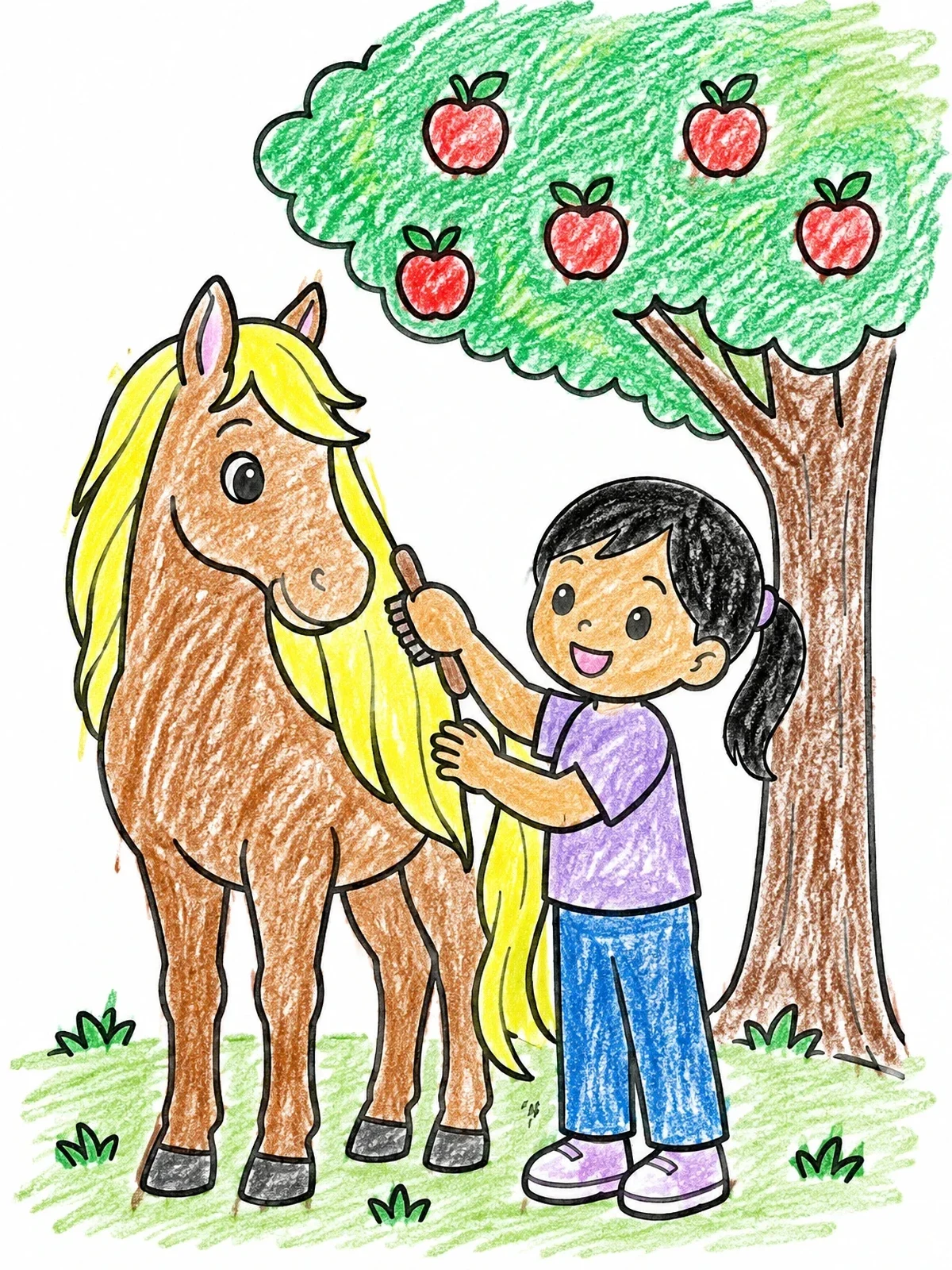Colored example of the Girl Brushing Pony By Apple Tree coloring page