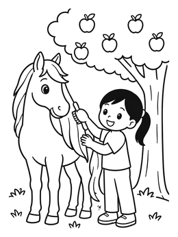 Free printable Girl Brushing Pony By Apple Tree coloring page