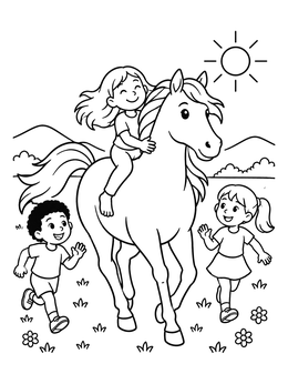 Free printable Happy Children Playing With A Horse coloring page