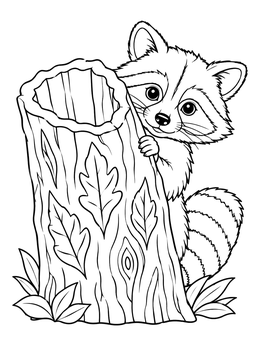 A cute raccoon peeks around a carved tree trunk on this spirit coloring page.