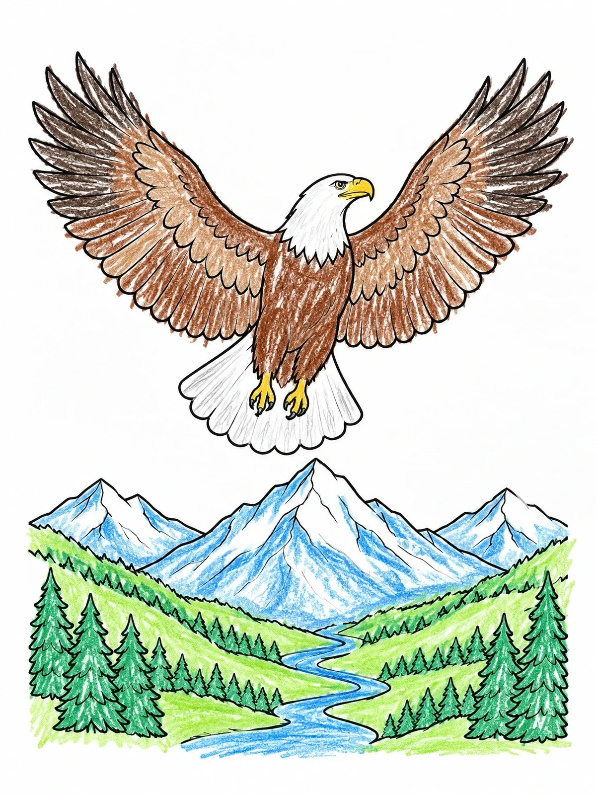 Colored example of the Eagle Soaring Over Mountain Valley coloring page