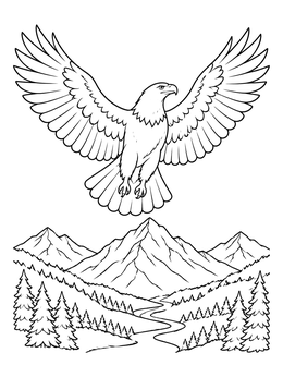 A wild spirit coloring page featuring an eagle soaring over mountain peaks and pine trees.