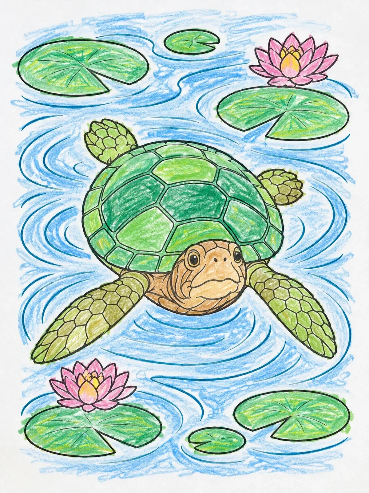 Colored example of the Turtle Swimming Among Water Lilies coloring page