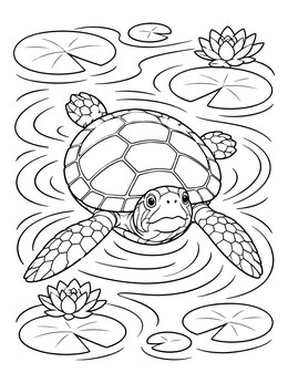 A turtle glides gracefully through pond ripples in this spirit coloring page.